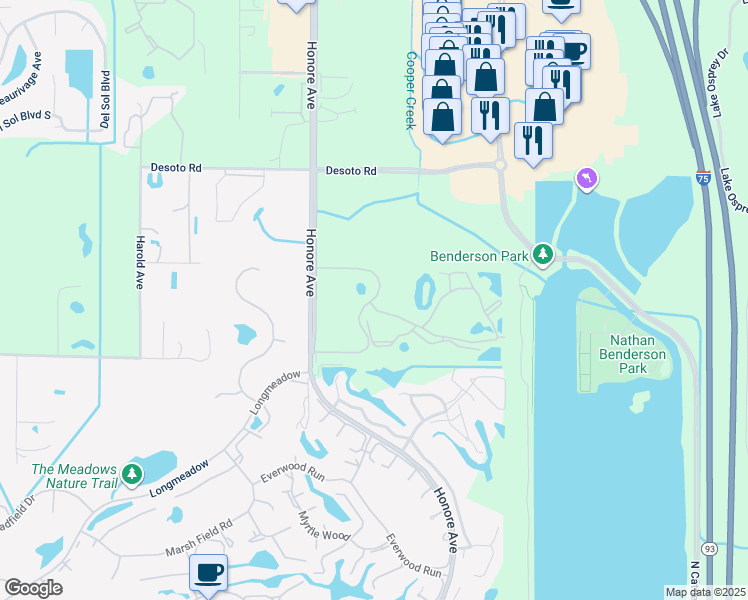 map of restaurants, bars, coffee shops, grocery stores, and more near 5450 Bentgrass Drive in Sarasota