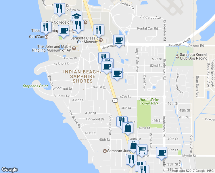 map of restaurants, bars, coffee shops, grocery stores, and more near 4847 North Tamiami Trail in Sarasota