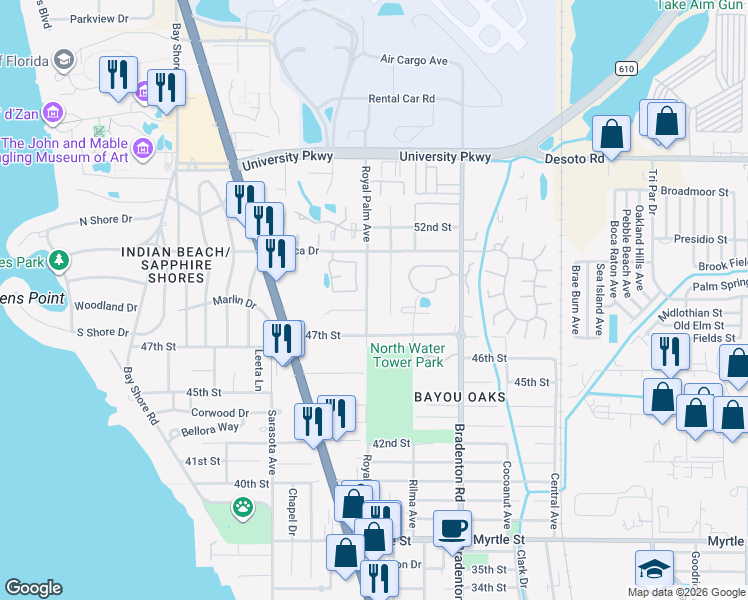 map of restaurants, bars, coffee shops, grocery stores, and more near 4846 Royal Palm Avenue in Sarasota