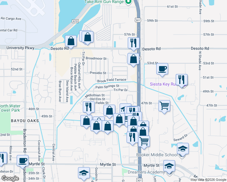 map of restaurants, bars, coffee shops, grocery stores, and more near 4775 Tri Par Drive in Sarasota