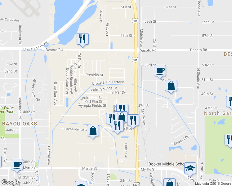 map of restaurants, bars, coffee shops, grocery stores, and more near 4714 Tri Par Drive in Sarasota