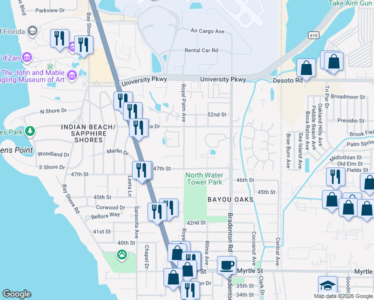 map of restaurants, bars, coffee shops, grocery stores, and more near 4846 Royal Palm Avenue in Sarasota