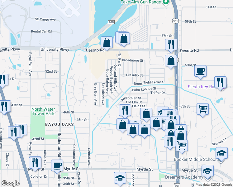 map of restaurants, bars, coffee shops, grocery stores, and more near 4913 Oakland Hills Avenue in Sarasota