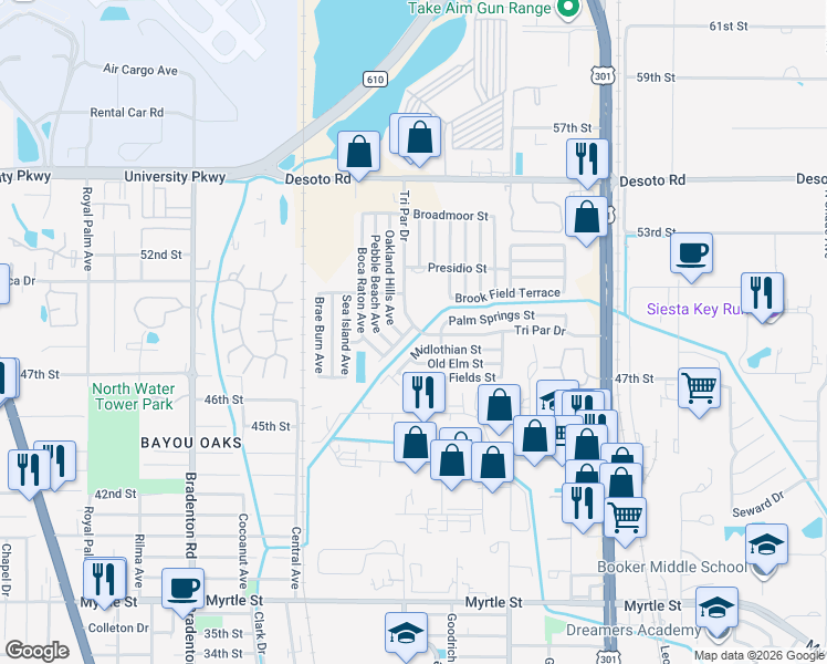 map of restaurants, bars, coffee shops, grocery stores, and more near 4913 Oakland Hills Avenue in Sarasota