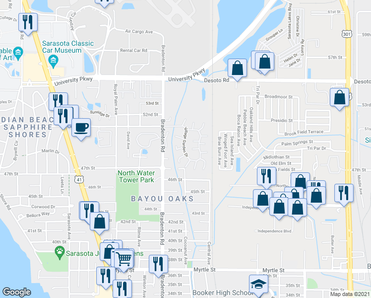 map of restaurants, bars, coffee shops, grocery stores, and more near 4962 Village Garden Drive in Sarasota
