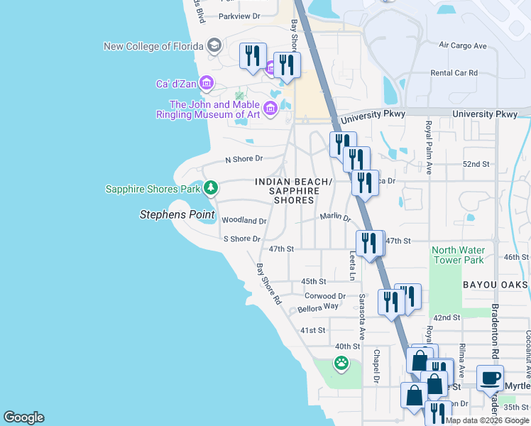 map of restaurants, bars, coffee shops, grocery stores, and more near 457 Woodland Drive in Sarasota