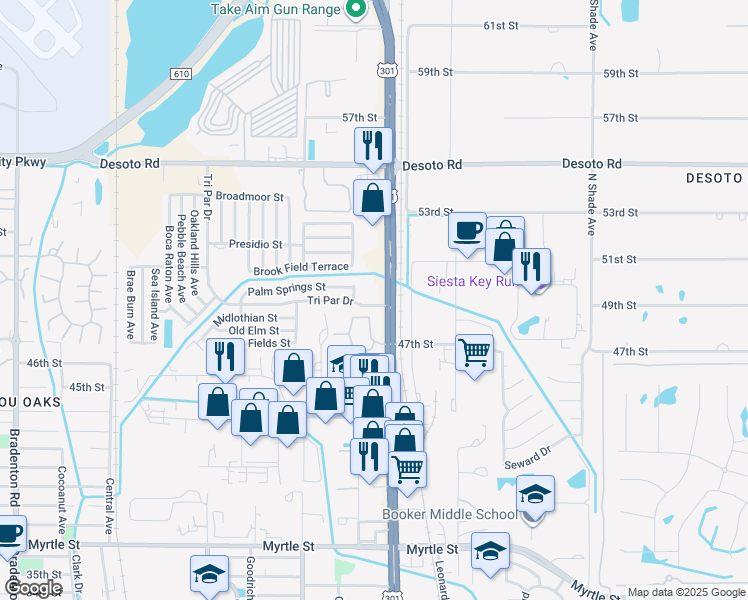 map of restaurants, bars, coffee shops, grocery stores, and more near 4601 Tri Par Drive in Sarasota