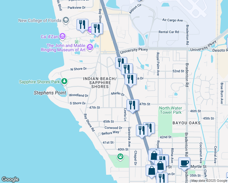 map of restaurants, bars, coffee shops, grocery stores, and more near 683 Marlin Drive in Sarasota