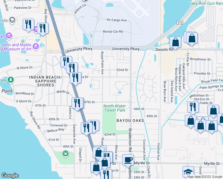 map of restaurants, bars, coffee shops, grocery stores, and more near 4922 David Avenue in Sarasota