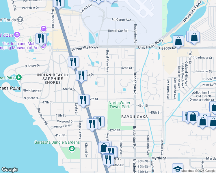 map of restaurants, bars, coffee shops, grocery stores, and more near 4846 Royal Palm Avenue in Sarasota