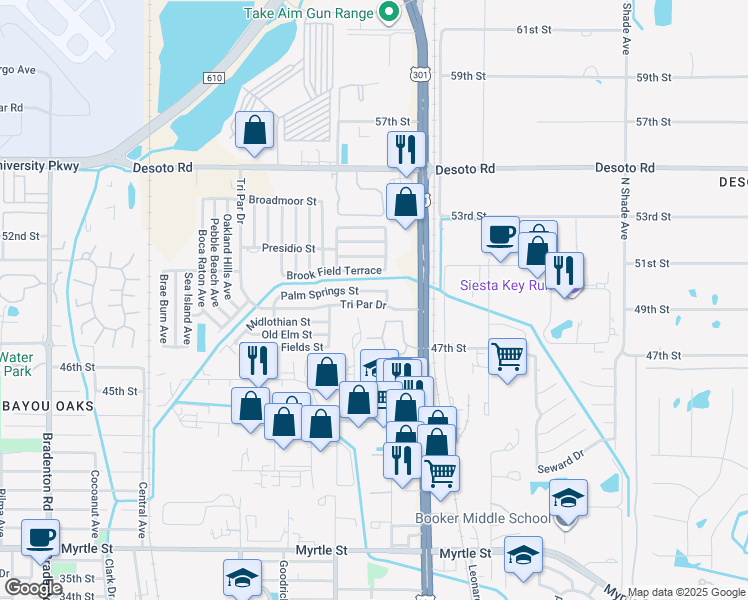 map of restaurants, bars, coffee shops, grocery stores, and more near 4714 Tri Par Drive in Sarasota