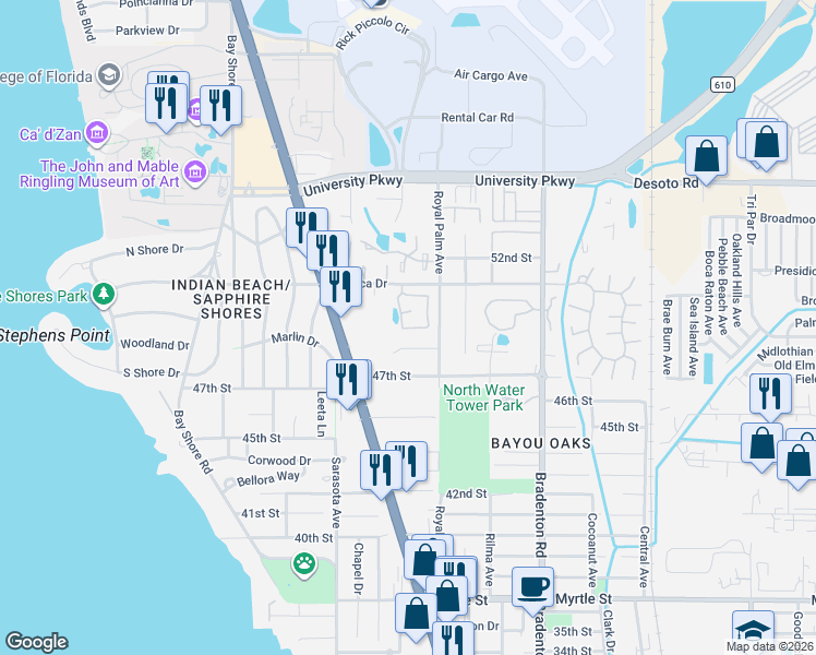 map of restaurants, bars, coffee shops, grocery stores, and more near 5065 Barrington Circle in Sarasota