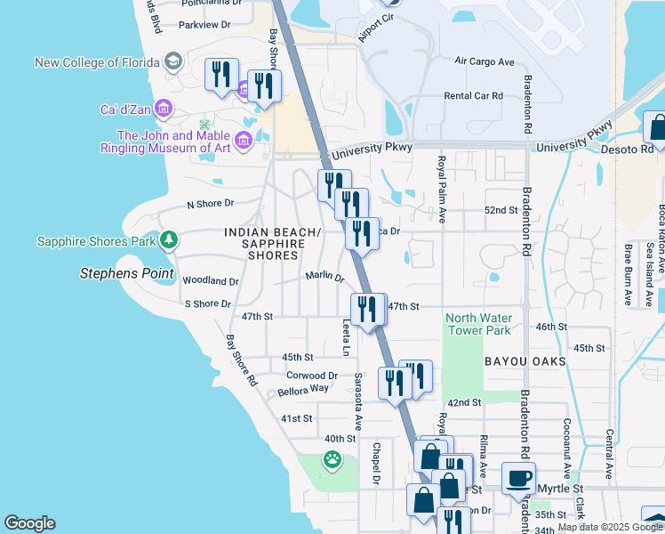 map of restaurants, bars, coffee shops, grocery stores, and more near 683 Marlin Drive in Sarasota