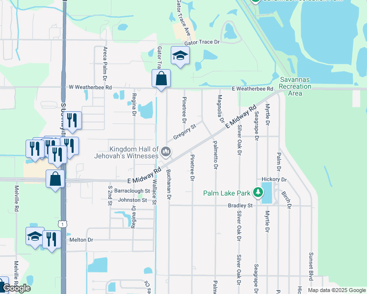 map of restaurants, bars, coffee shops, grocery stores, and more near 308 East Midway Road in Fort Pierce