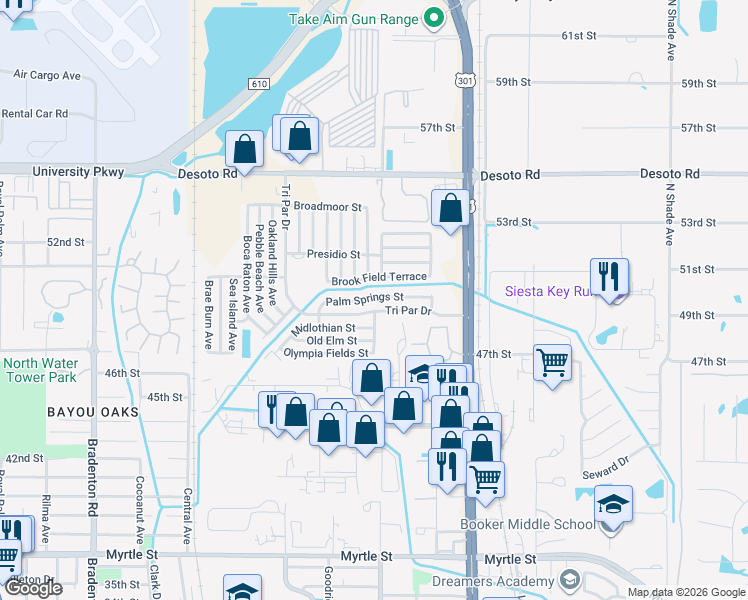map of restaurants, bars, coffee shops, grocery stores, and more near 4775 Tri Par Drive in Sarasota