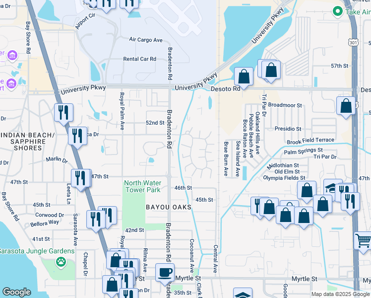 map of restaurants, bars, coffee shops, grocery stores, and more near 5019 Village Gardens Drive in Sarasota