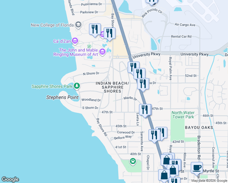map of restaurants, bars, coffee shops, grocery stores, and more near 4920 Eastchester Drive in Sarasota