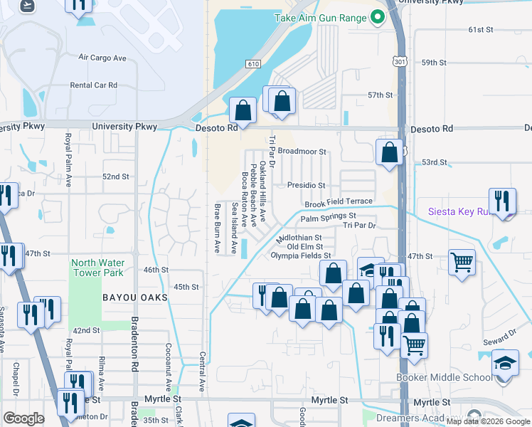 map of restaurants, bars, coffee shops, grocery stores, and more near 4913 Oakland Hills Avenue in Sarasota