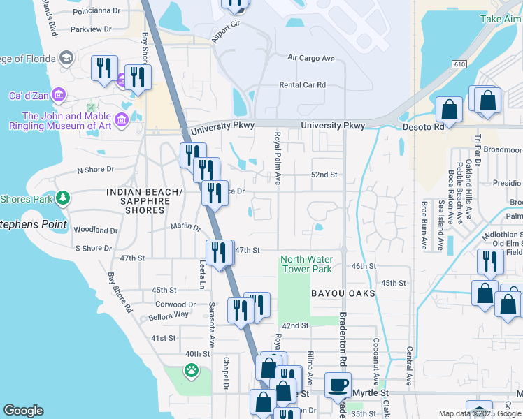 map of restaurants, bars, coffee shops, grocery stores, and more near 5065 Barrington Circle in Sarasota