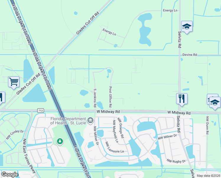 map of restaurants, bars, coffee shops, grocery stores, and more near Post Office Road in Fort Pierce