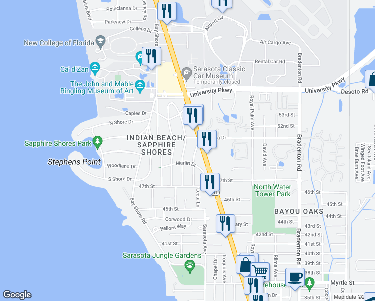 map of restaurants, bars, coffee shops, grocery stores, and more near 5010 Stevens Drive in Sarasota