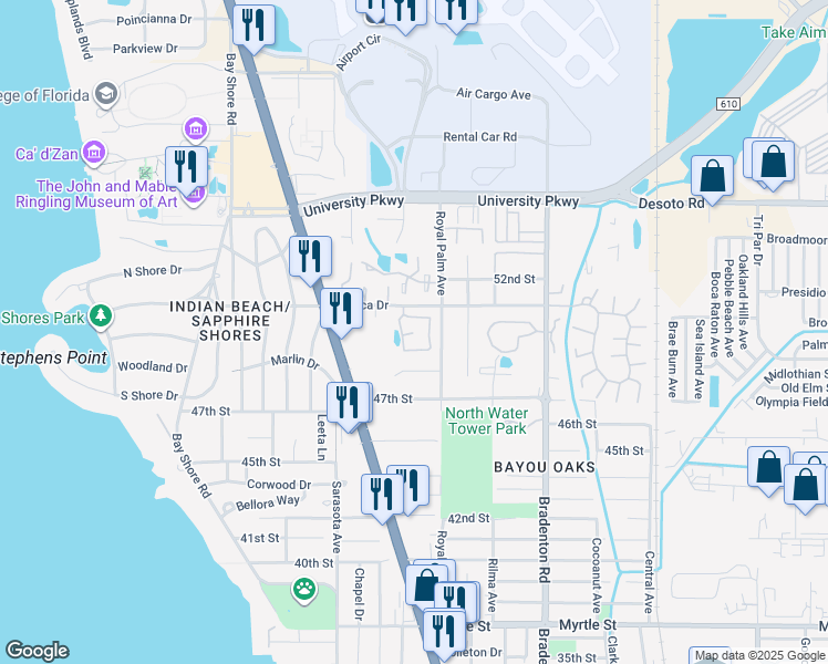 map of restaurants, bars, coffee shops, grocery stores, and more near 5065 Barrington Circle in Sarasota