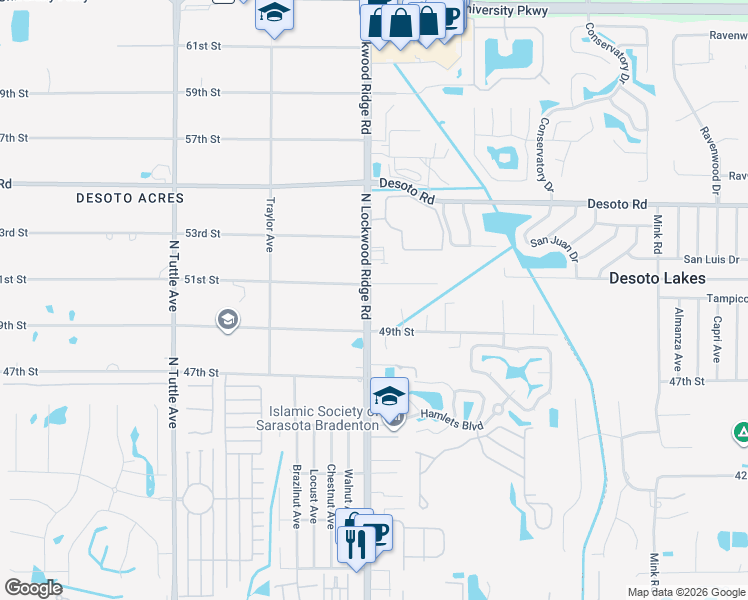 map of restaurants, bars, coffee shops, grocery stores, and more near in Desoto Lakes