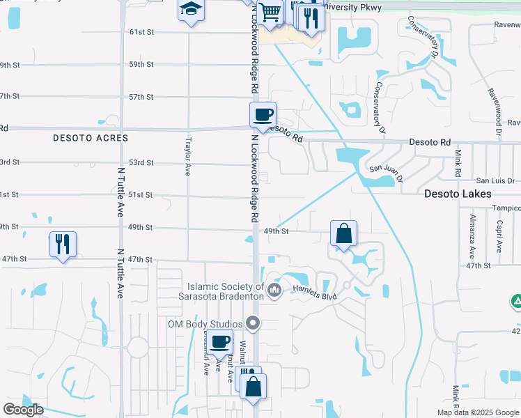 map of restaurants, bars, coffee shops, grocery stores, and more near in Desoto Lakes