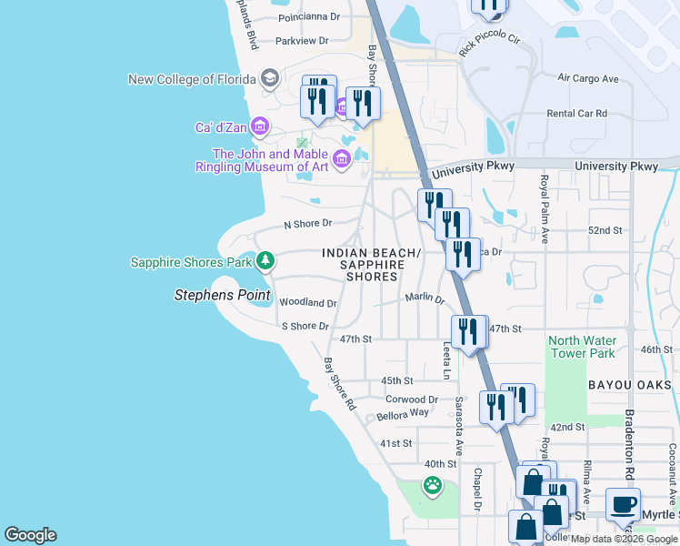 map of restaurants, bars, coffee shops, grocery stores, and more near 5050 Bay Shore Road in Sarasota