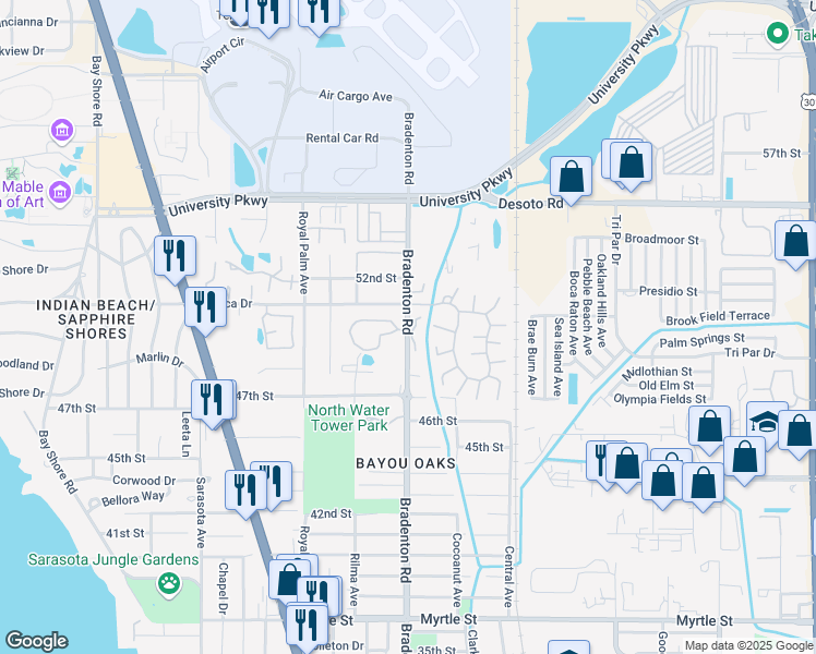 map of restaurants, bars, coffee shops, grocery stores, and more near 5074 Bradenton Road in Sarasota