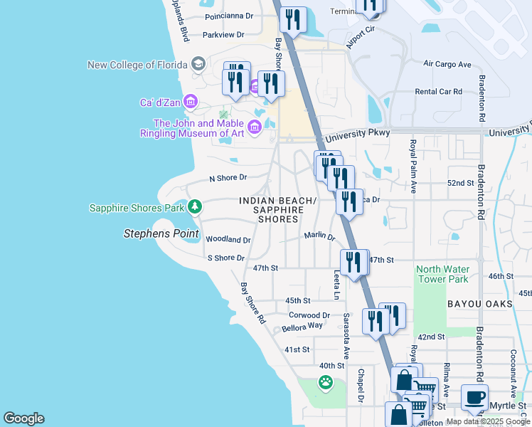 map of restaurants, bars, coffee shops, grocery stores, and more near 5050 Bay Shore Road in Sarasota