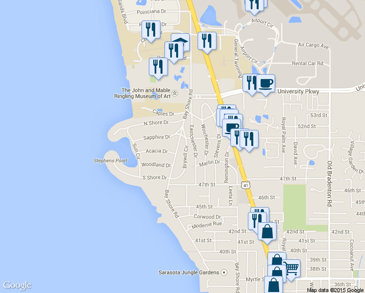 map of restaurants, bars, coffee shops, grocery stores, and more near 5030 Bay Shore Road in Sarasota