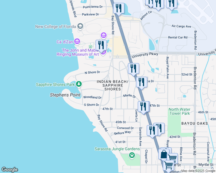 map of restaurants, bars, coffee shops, grocery stores, and more near 5030 Bay Shore Road in Sarasota