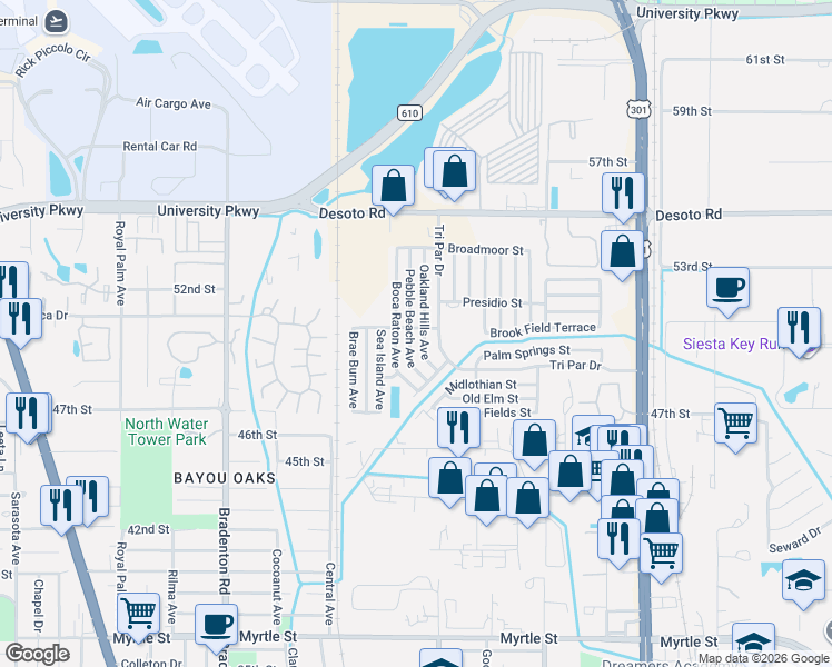 map of restaurants, bars, coffee shops, grocery stores, and more near 5107 Tri Par Drive in Sarasota
