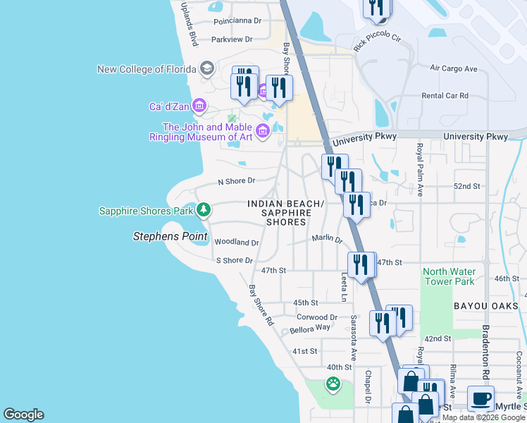 map of restaurants, bars, coffee shops, grocery stores, and more near 5050 Bay Shore Road in Sarasota