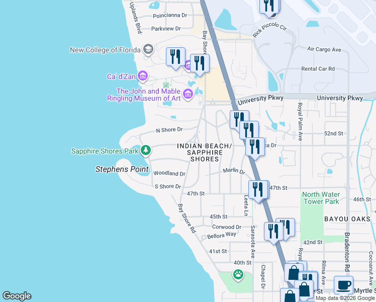 map of restaurants, bars, coffee shops, grocery stores, and more near 5050 Bay Shore Road in Sarasota