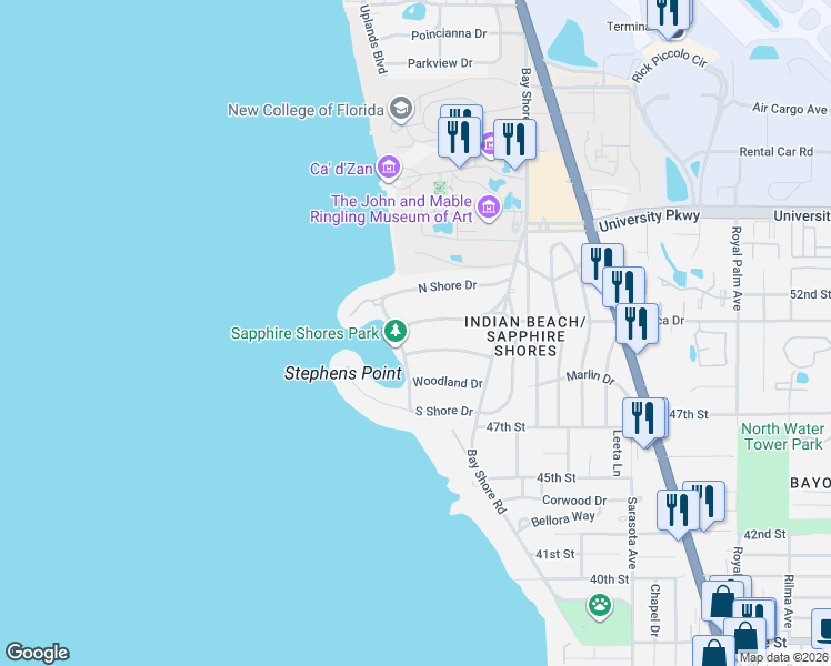 map of restaurants, bars, coffee shops, grocery stores, and more near 428 Sapphire Drive in Sarasota