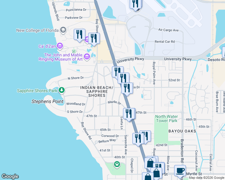 map of restaurants, bars, coffee shops, grocery stores, and more near 686 Mecca Drive in Sarasota