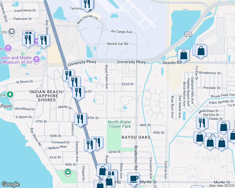 map of restaurants, bars, coffee shops, grocery stores, and more near 1080 Mecca Drive in Sarasota