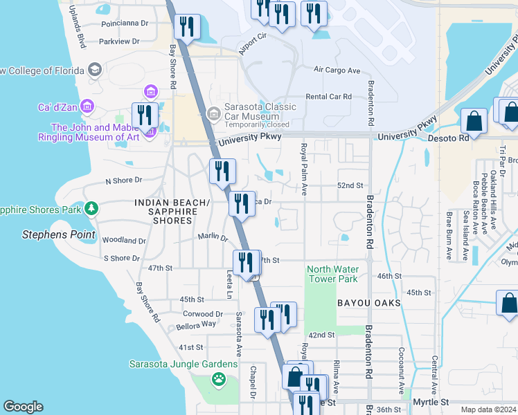 map of restaurants, bars, coffee shops, grocery stores, and more near 850 Mecca Drive in Sarasota