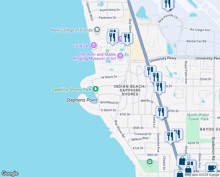 map of restaurants, bars, coffee shops, grocery stores, and more near 494 Sapphire Drive in Sarasota