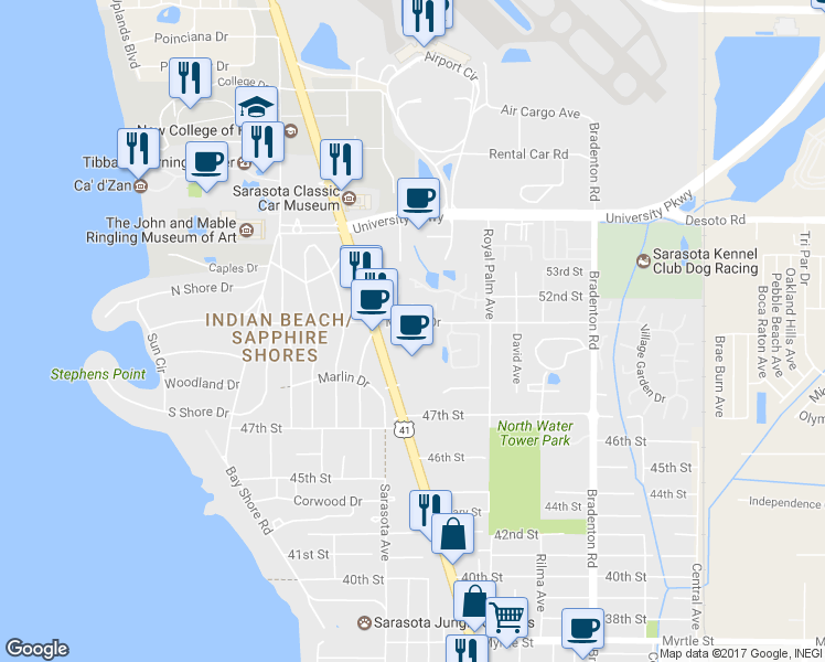 map of restaurants, bars, coffee shops, grocery stores, and more near 850 Mecca Drive in Sarasota