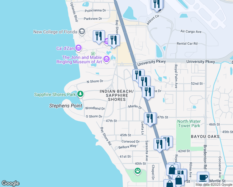 map of restaurants, bars, coffee shops, grocery stores, and more near 5050 Brywill Circle in Sarasota