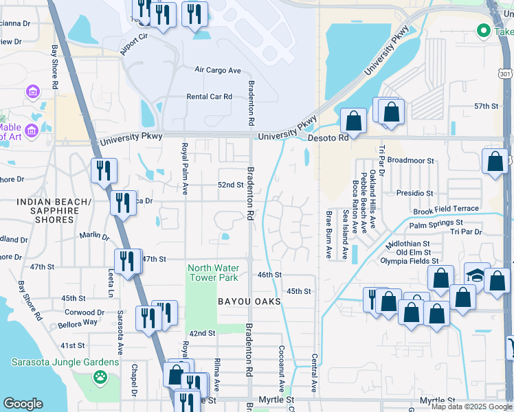 map of restaurants, bars, coffee shops, grocery stores, and more near 5074 Bradenton Road in Sarasota