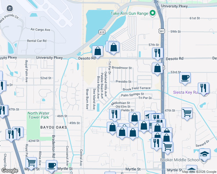 map of restaurants, bars, coffee shops, grocery stores, and more near 5107 Tri Par Drive in Sarasota