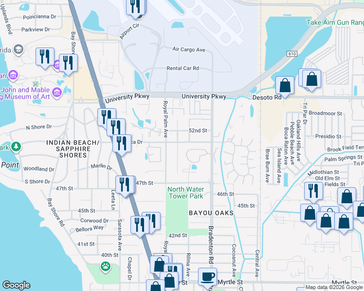 map of restaurants, bars, coffee shops, grocery stores, and more near 1080 Mecca Drive in Sarasota