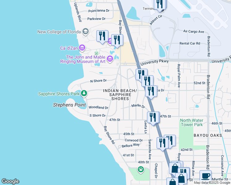 map of restaurants, bars, coffee shops, grocery stores, and more near 5050 Bay Shore Road in Sarasota