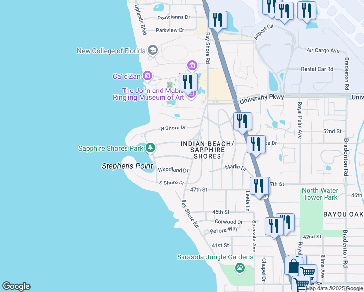 map of restaurants, bars, coffee shops, grocery stores, and more near 494 Sapphire Drive in Sarasota