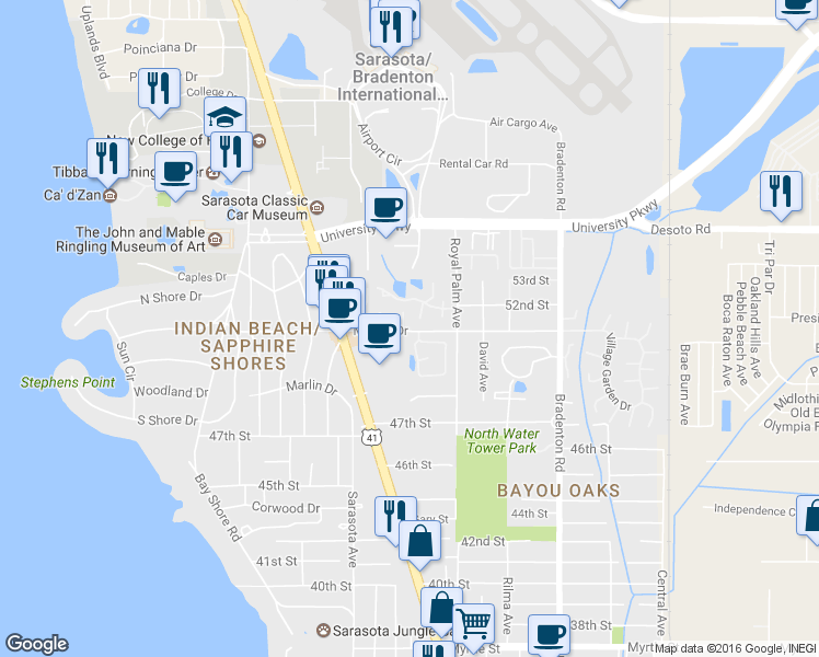 map of restaurants, bars, coffee shops, grocery stores, and more near 865 Mecca Drive in Sarasota