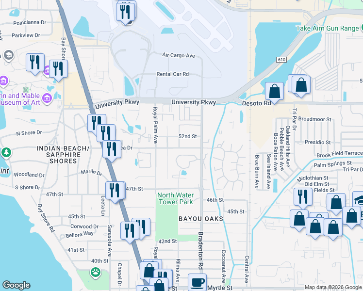 map of restaurants, bars, coffee shops, grocery stores, and more near 1142 Mecca Drive in Sarasota